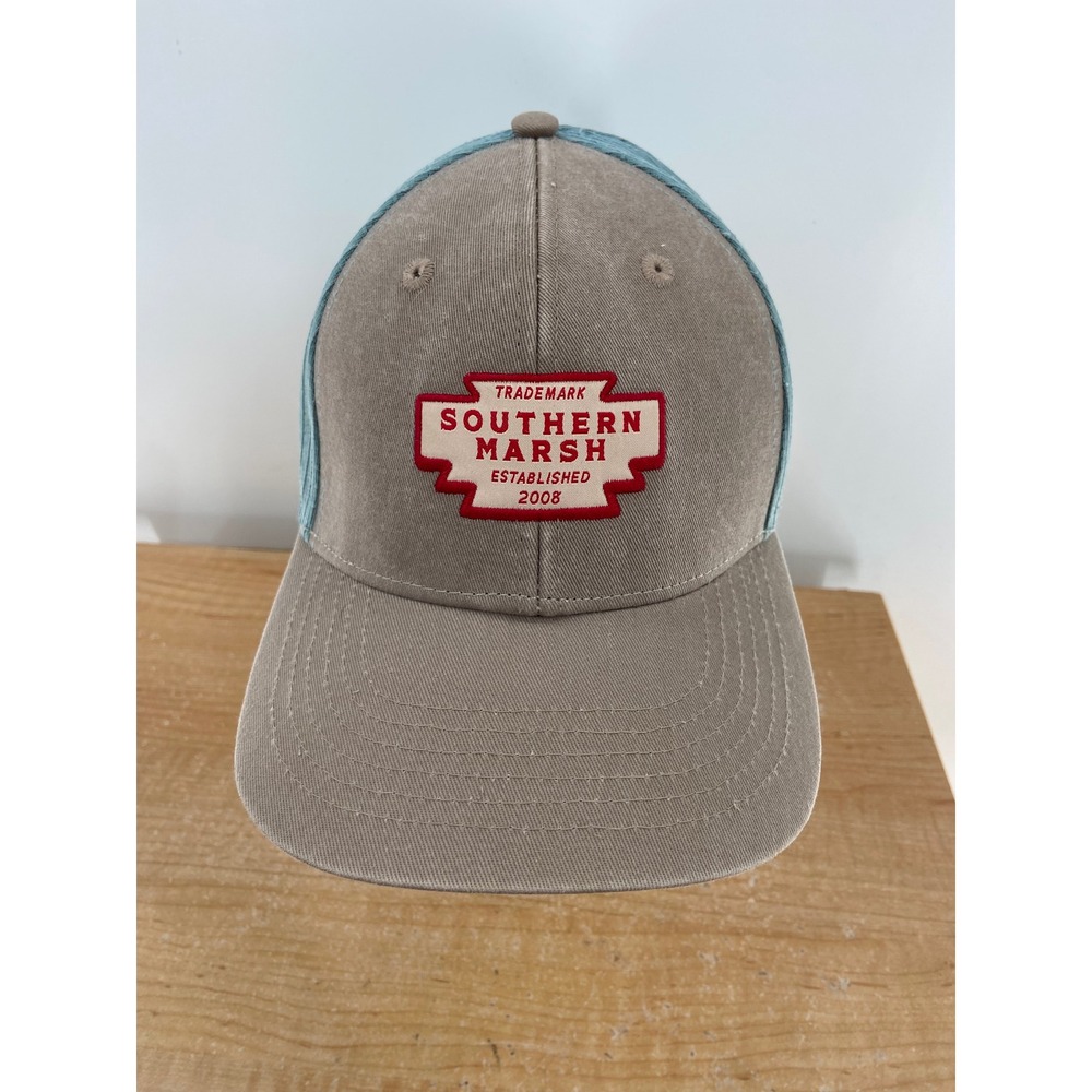 Southern Marsh Mens Tan Blue Mesh Trucker Hat Logo Baseball Cap SnapBack